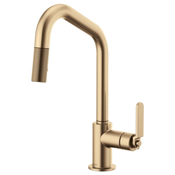 Champagne bronze pull-down kitchen faucet with angled spout and textured industrial handle.