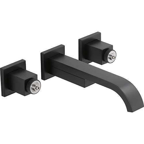 Black wall-mounted faucet with curved spout and two square valve bodies with metallic handles.
