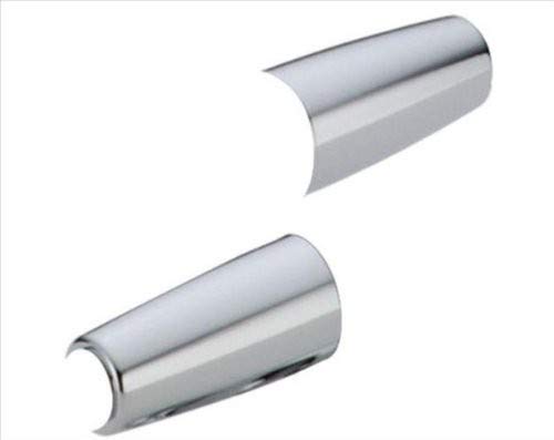Two polished chrome metal lever handles with curved cylindrical design.