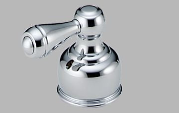 Chrome metal lever handle set for Roman tub with spherical base and angled spout.
