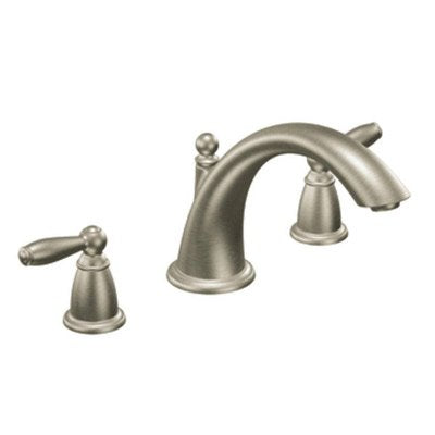 Brushed nickel three-piece roman tub faucet trim with curved spout and two lever handles.