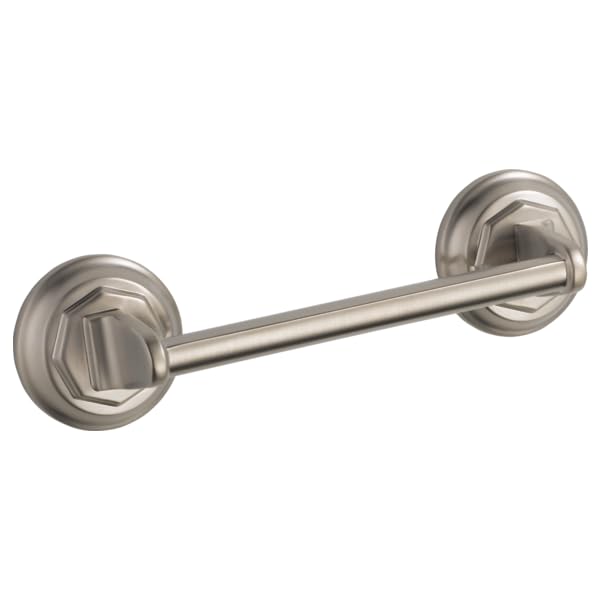 Brushed nickel drawer pull with cylindrical bar and circular rosette ends.