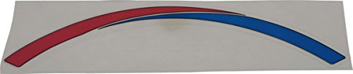 Red and blue curved shower escutcheon decal with hot and cold indicators on gray background.
