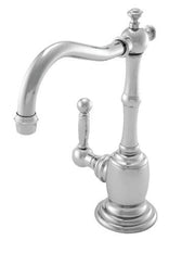 Satin nickel Chesterfield hot water dispenser with curved spout and single lever handle on pedestal base.