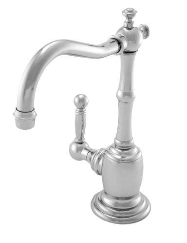 Satin nickel Chesterfield hot water dispenser with curved spout and single lever handle on pedestal base.