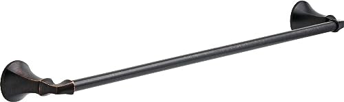 Chrome towel bar with decorative black end caps mounted horizontally.