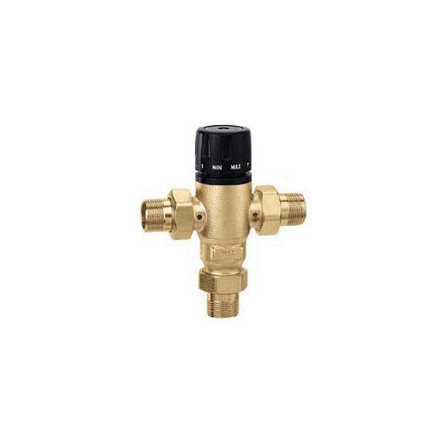 Brass 3-way mixing valve with black dial adjustment knob and threaded ports on all sides.