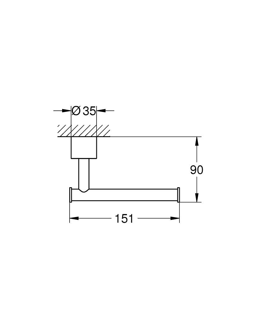 Chrome toilet paper holder with horizontal bar and wall-mounted bracket, dimensions shown in technical drawing.