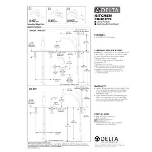 Delta kitchen faucet installation diagram showing single handle lever design with sidespray and plumbing specifications.
