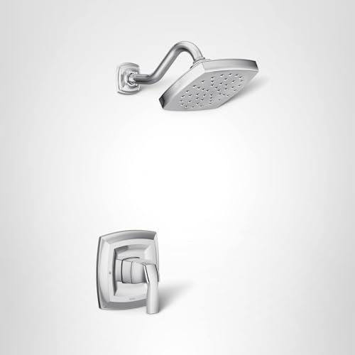 Chrome shower trim kit with single handle control valve and square rainfall showerhead with wall mount arm.