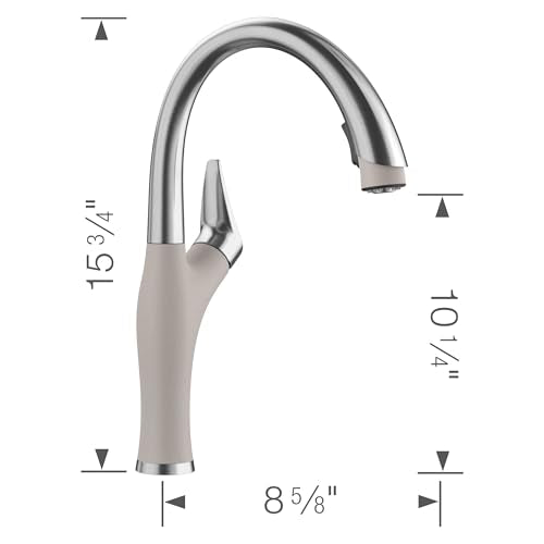 Blanco Artona pull-down kitchen faucet with concrete gray handle and stainless steel spout, showing dimensions.