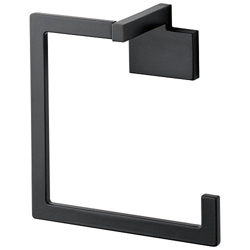 Black square towel ring with open bottom and rectangular mounting bracket on white background.