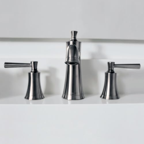 Brushed nickel three-piece widespread bathroom faucet with center spout and lever handles on white countertop.