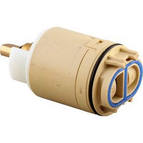 Tan and white cylindrical valve cartridge with brass inlet, black seal ring, and blue wire loop handle.