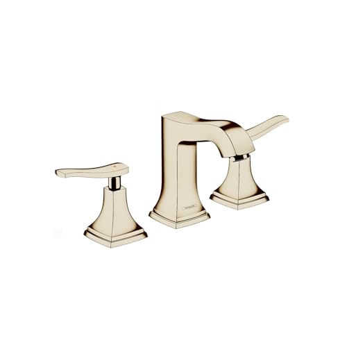 Polished nickel three-hole widespread bathroom faucet with lever handles and central spout.