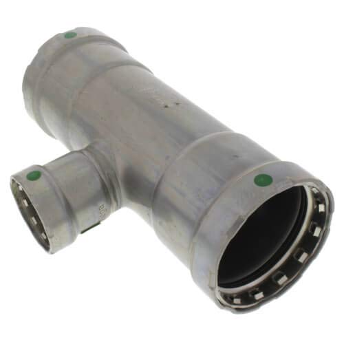 Silver carbon steel press tee fitting with three connection ports and green indicator buttons on side branches.