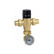 Brass 3-way mixing valve with black adjustment knob and temperature gauge dial at bottom.