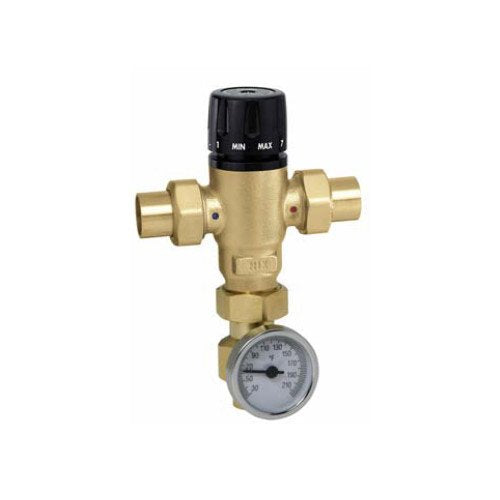 Brass 3-way mixing valve with black adjustment knob and temperature gauge dial at bottom.