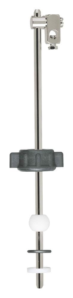 Chrome actuating rod assembly with mounting bracket, collar rings, and handle ball for Grohe toilet tank mechanism.