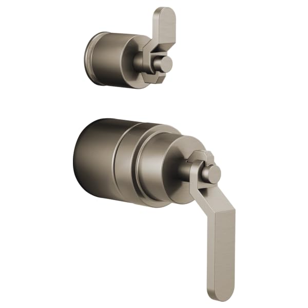 Brizo Litze pressure balance valve trim with brushed nickel finish and industrial lever handles in two configurations.