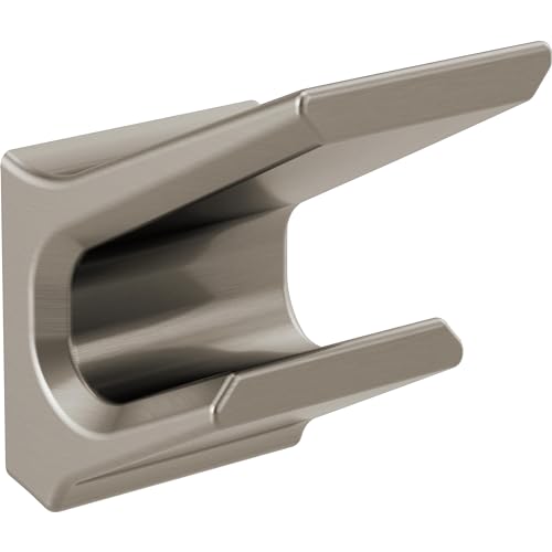 Brushed nickel double robe hook with two parallel curved arms extending from a square wall-mounted base.