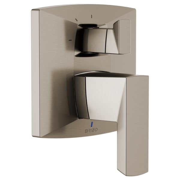 Brushed nickel pressure balance valve trim with angular handles for shower and diverter control.