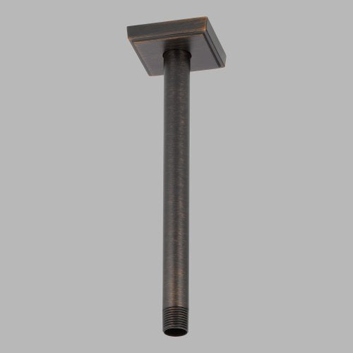 Venetian bronze cylindrical shower arm with square ceiling flange mount.