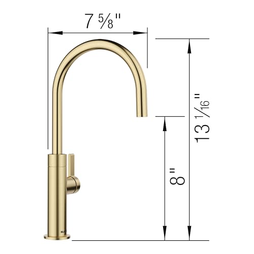 Satin gold beverage faucet with high arched spout, 13 1/16 inches tall, 7 5/8 inches wide, single side lever handle.