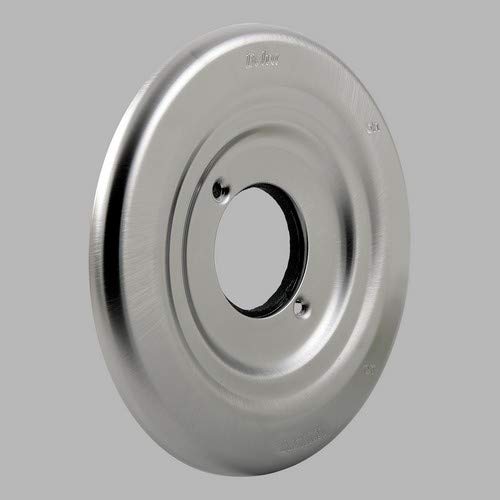 Stainless steel circular escutcheon plate with concentric rings and center opening for valve installation.
