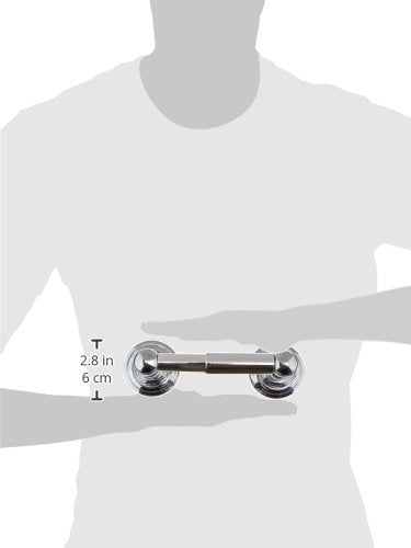 Chrome toilet paper holder with cylindrical bar and round end caps, 2.8 inches wide.