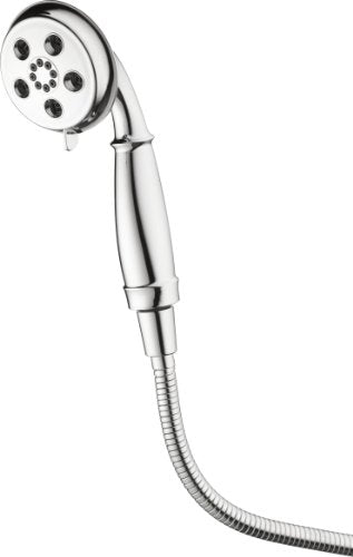 Chrome hand shower with circular head containing multiple spray nozzles, attached to flexible hose with grip handle.