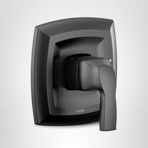Moen Voss matte black single-handle shower trim kit with rectangular escutcheon and lever handle.