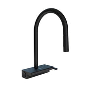 Matte black high-arc kitchen faucet with pull-down sprayer and rectangular base.