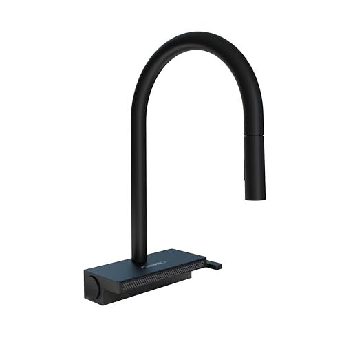 Matte black high-arc kitchen faucet with pull-down sprayer and rectangular base.