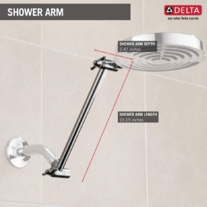 Chrome shower arm with adjustable length, wall-mounted bracket, and showerhead connection point.