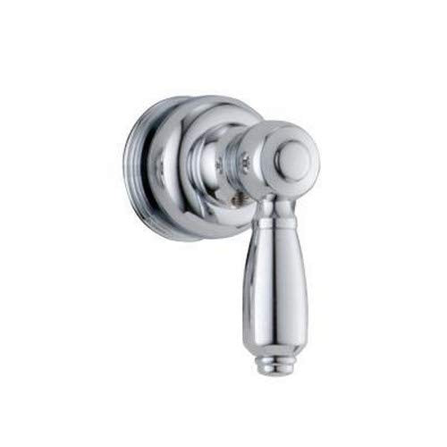 Chrome metal lever handle with circular escutcheon plate and tapered design for faucet valve control.