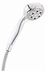 Chrome hand shower head with multiple spray holes, attached to white grip handle and hose with ridged connector.