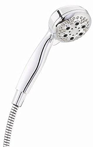 Chrome hand shower head with multiple spray holes, attached to white grip handle and hose with ridged connector.