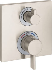 Brushed nickel square thermostatic shower trim with upper volume control and lower diverter valve on white plate.