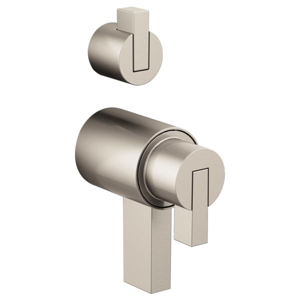 Brushed nickel thermostatic valve with rectangular lever handles and diverter control for shower applications.