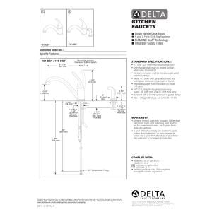 Delta 175-DST chrome single handle kitchen faucet with spray installation diagram and specifications.