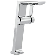 Chrome single-handle vessel bathroom faucet with tall rectangular spout and cylindrical rotatable handle.