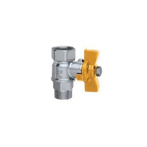 Chrome ball valve with yellow butterfly handle and male and female NPT threaded connections.