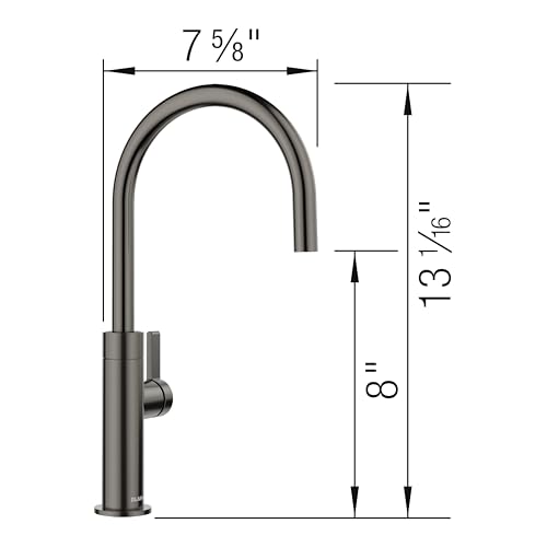 Satin dark steel beverage faucet with curved spout, 7 5/8" width, 13 1/16" height, side lever handle.