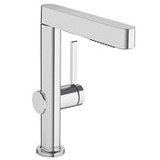 Chrome single-hole kitchen faucet with tall spout and pull-out spray head.
