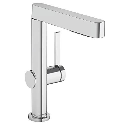 Chrome single-hole kitchen faucet with tall spout and pull-out spray head.