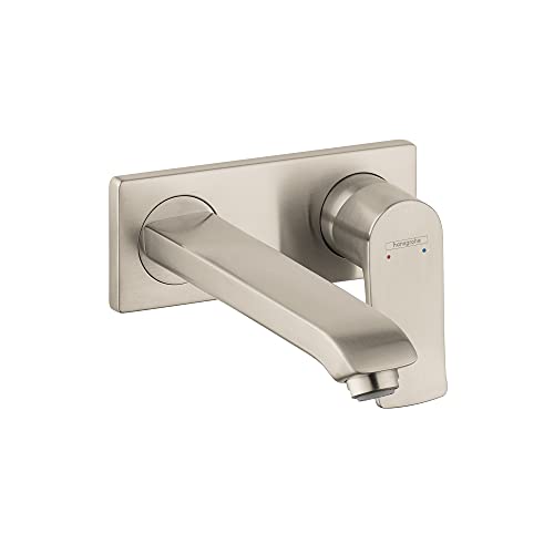 Hansgrohe brushed nickel wall-mounted faucet trim with single handle lever and curved spout.