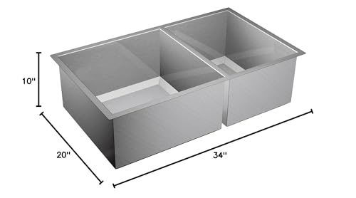 Stainless steel double bowl undermount kitchen sink with dimensions labeled: 34" width, 20" depth, 10" height.