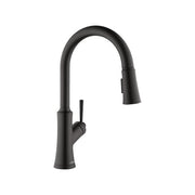 Matte black high-arc kitchen faucet with pull-down spray head and single handle lever.