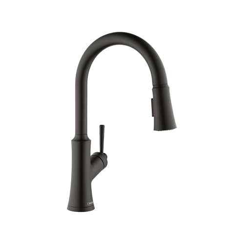 Matte black high-arc kitchen faucet with pull-down spray head and single handle lever.